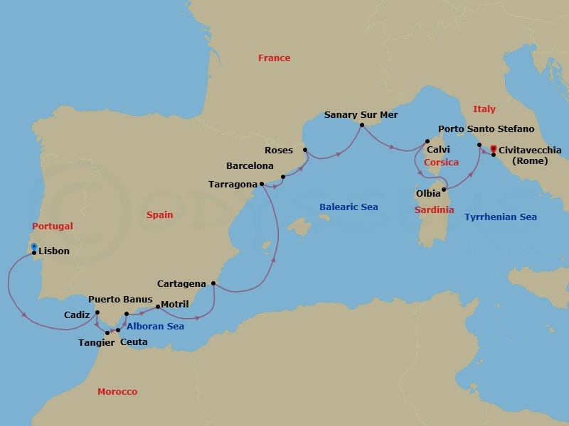 16 Night - Hidden Gems of Spain, Corsica & Sardinia - Seabourn Ovation - Starting in Lisbon, Portugal, Cadiz (Seville), Spain, Tangier, Morocco, Ceuta, Spanish Morocco, Spain, Puerto Banus, Spain, Motril (Granada), Spain, Cartagena ES, Tarragona, Spain, Barcelona, Spain, Rosas (Roses), Spain, Sanary-sur-Mer, France, Calvi, Corsica, France, Olbia, Sardinia, Italy, Porto Santo Stefano, Italy, Civitavecchia (Rome), Italy itinerary map
