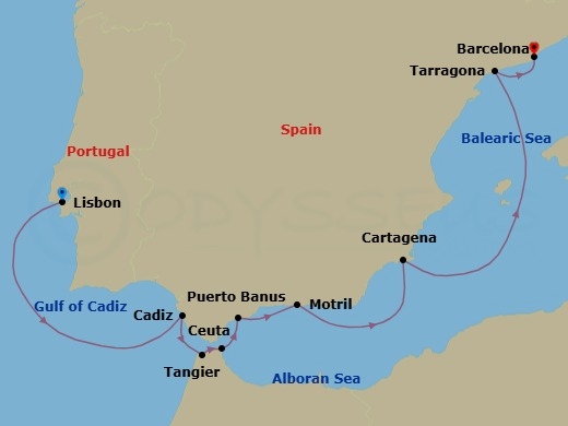 9 Night - Andalusia & Spanish Riviera Gems - Seabourn Ovation - Starting in Lisbon, Portugal, Cadiz (Seville), Spain, Tangier, Morocco, Ceuta, Spanish Morocco, Spain, Puerto Banus, Spain, Motril (Granada), Spain, Cartagena ES, Tarragona, Spain, Barcelona, Spain itinerary map