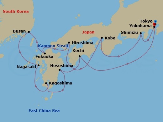 14 Night - Japan's Cherry Blossoms & Kobe Nights - Seabourn Encore - Starting in Tokyo, Japan, Kochi, Japan, Hososhima, Japan, Kagoshima, Japan, Nagasaki, Japan, Busan (Pusan), South Korea, Fukuoka (Hakata), Japan, Scenic Cruising Kanmon Straits, Hiroshima, Japan, Kobe, Japan, Shimizu, Japan, Yokohama, Japan itinerary map