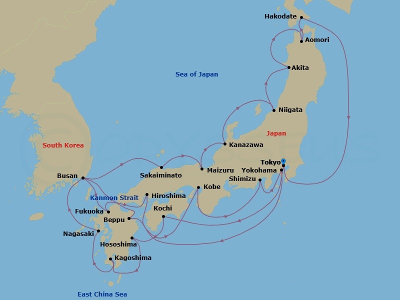 28 Night - Japan's Cherry Blossom Explorations - Seabourn Encore - Starting in Tokyo, Japan, Kochi, Japan, Hososhima, Japan, Kagoshima, Japan, Nagasaki, Japan, Busan (Pusan), South Korea, Fukuoka (Hakata), Japan, Scenic Cruising Kanmon Straits, Hiroshima, Japan, Kobe, Japan, Shimizu, Japan, Yokohama, Japan, Beppu, Japan, Scenic Cruising Kanmon Straits, Busan (Pusan), South Korea, Sakaiminato, Japan, Maizuru, Japan, Kanazawa, Japan, Niigata, Japan, Akita, Japan, Aomori, Japan, Hakodate, Japan, Tokyo, Japan itinerary map