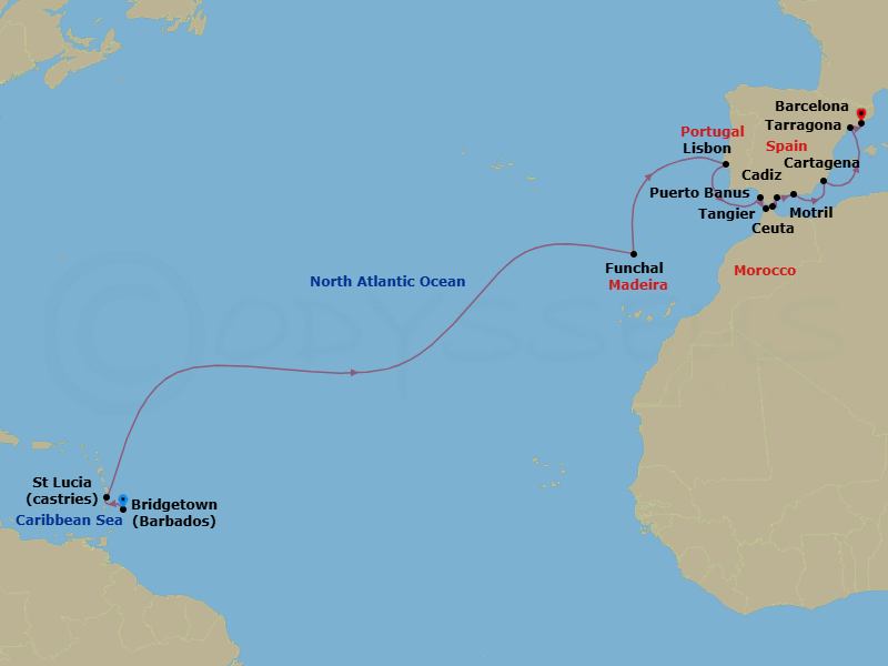 21 Night - Atlantic Crossing from the Caribbean to Spain - Seabourn Ovation - Starting in Bridgetown, Barbados, Castries, Saint Lucia, Funchal (Madeira), Portugal, Lisbon, Portugal, Cadiz (Seville), Spain, Tangier, Morocco, Ceuta, Spanish Morocco, Spain, Puerto Banus, Spain, Motril (Granada), Spain, Cartagena ES, Tarragona, Spain, Barcelona, Spain itinerary map