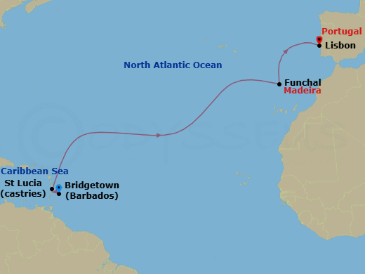 12 Night - Atlantic Crossing - Seabourn Ovation - Starting in Bridgetown, Barbados, Castries, Saint Lucia, Funchal (Madeira), Portugal, Lisbon, Portugal itinerary map