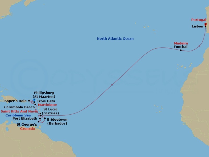 19 Night - Yacht Harbors & Atlantic Crossing - Seabourn Ovation - Starting in Philipsburg, Sint Maarten, Sopers Hole (Frenchmans Cay), Carambola Beach, Saint Kitts and Nevis, Trois Ilets, Martinique, Port Elizabeth VC, Bequia, St Vincent and the Grenadines, Saint Georges, Grenada, Bridgetown, Barbados, Castries, Saint Lucia, Funchal (Madeira), Portugal, Lisbon, Portugal itinerary map