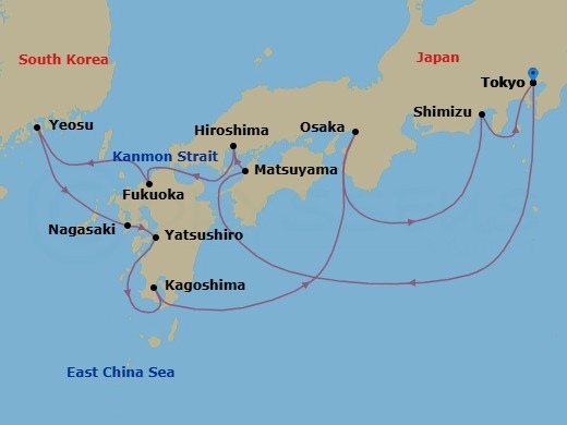 14 Night - Japan's Cherry Blossoms & Osaka Nights - Seabourn Encore - Starting in Tokyo, Japan, Matsuyama, Japan, Hiroshima, Japan, Scenic Cruising Kanmon Straits, Fukuoka (Hakata), Japan, Yeosu, South Korea, Nagasaki, Japan, Yatsushiro, Japan, Kagoshima, Japan, Osaka, Japan, Shimizu, Japan, Tokyo, Japan itinerary map