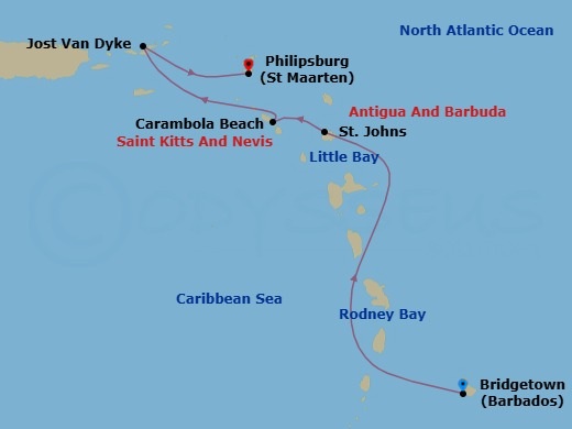 7 Night - Classic Caribbean Yacht Harbors - Seabourn Ovation - Starting in Bridgetown, Barbados, Rodney Bay, Saint Lucia, Little Bay, Montserrat, St Johns AG, Antigua, Carambola Beach, Saint Kitts and Nevis, Great Harbour, Jost van Dyke, British Virgin Islands, Philipsburg, Sint Maarten itinerary map