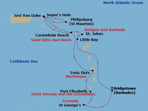 14 Night - Caribbean Yacht Explorer - Seabourn Ovation - Starting in Bridgetown, Barbados, Rodney Bay, Saint Lucia, Little Bay, Montserrat, St Johns AG, Antigua, Carambola Beach, Saint Kitts and Nevis, Great Harbour, Jost van Dyke, British Virgin Islands, Philipsburg, Sint Maarten, Sopers Hole (Frenchmans Cay), Carambola Beach, Saint Kitts and Nevis, Trois Ilets, Martinique, Port Elizabeth VC, Bequia, St Vincent and the Grenadines, Saint Georges, Grenada, Bridgetown, Barbados itinerary map
