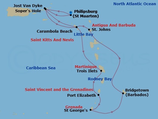 14 Night - Caribbean Yacht Harbors in Depth - Seabourn Ovation - Starting in Philipsburg, Sint Maarten, Sopers Hole (Frenchmans Cay), Carambola Beach, Saint Kitts and Nevis, Trois Ilets, Martinique, Port Elizabeth VC, Bequia, St Vincent and the Grenadines, Saint Georges, Grenada, Bridgetown, Barbados, Rodney Bay, Saint Lucia, Little Bay, Montserrat, St Johns AG, Antigua, Carambola Beach, Saint Kitts and Nevis, Great Harbour, Jost van Dyke, British Virgin Islands, Philipsburg, Sint Maarten itinerary map