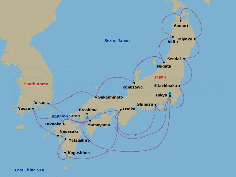 28 Night - Japan's Plum & Cherry Blossoms Exploration - Seabourn Encore - Starting in Tokyo, Japan, Osaka, Japan, Scenic Cruising Kanmon Straits, Busan (Pusan), South Korea, Sakaiminato, Japan, Kanazawa, Japan, Niigata, Japan, Akita, Japan, Aomori, Japan, Miyako, Japan, Sendai, Japan, Hitachinaka, Japan, Tokyo, Japan, Matsuyama, Japan, Hiroshima, Japan, Scenic Cruising Kanmon Straits, Fukuoka (Hakata), Japan, Yeosu, South Korea, Nagasaki, Japan, Yatsushiro, Japan, Kagoshima, Japan, Osaka, Japan, Shimizu, Japan, Tokyo, Japan itinerary map