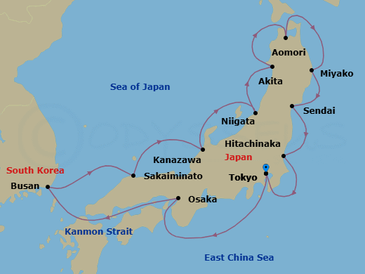 14 Night - Sea of Japan & Plum Blossoms - Seabourn Encore - Starting in Tokyo, Japan, Osaka, Japan, Scenic Cruising Kanmon Straits, Busan (Pusan), South Korea, Sakaiminato, Japan, Kanazawa, Japan, Niigata, Japan, Akita, Japan, Aomori, Japan, Miyako, Japan, Sendai, Japan, Hitachinaka, Japan, Tokyo, Japan itinerary map