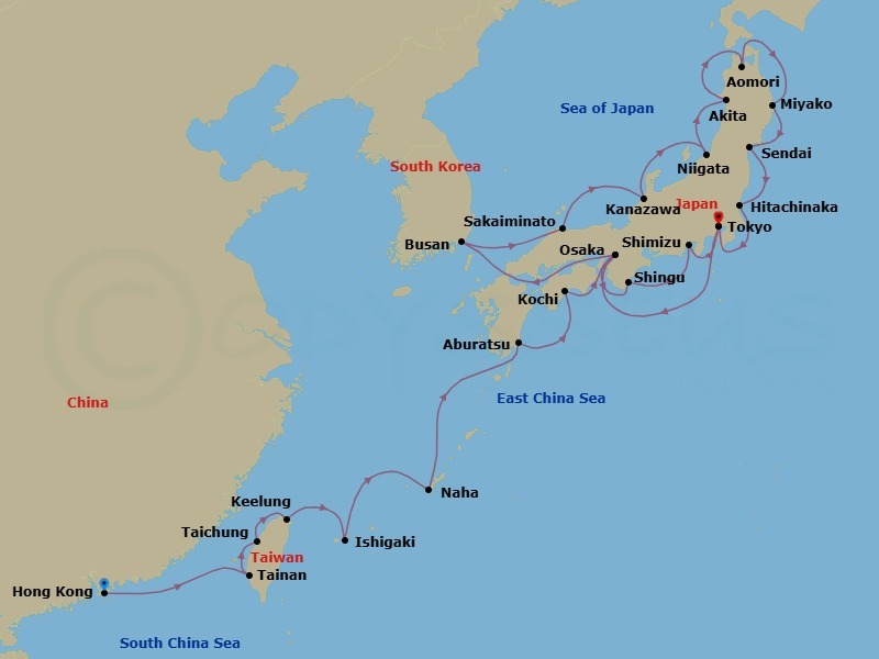 28 Night - Exploring Taiwan, Japan's Gems & Plum Blossoms - Seabourn Encore - Starting in Hong Kong, China, Tainan (Anping), Taiwan, Taichung, Taiwan, Keelung (Taipei), Taiwan, Ishigaki Island, Japan, Naha, Japan, Aburatsu, Japan, Kochi, Japan, Osaka, Japan, Shingu, Japan, Shimizu, Japan, Tokyo, Japan, Osaka, Japan, Scenic Cruising Kanmon Straits, Busan (Pusan), South Korea, Sakaiminato, Japan, Kanazawa, Japan, Niigata, Japan, Akita, Japan, Aomori, Japan, Miyako, Japan, Sendai, Japan, Hitachinaka, Japan, Tokyo, Japan itinerary map