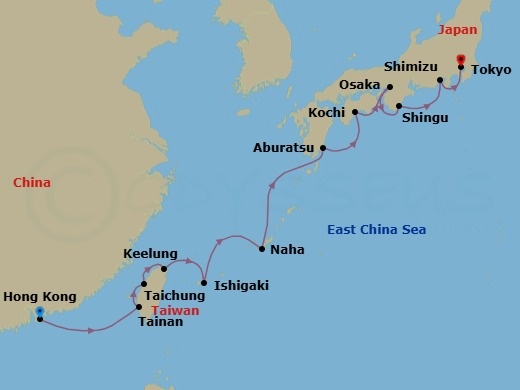 14 Night - Exploring Taiwan & Japan Charming Harbors - Seabourn Encore - Starting in Hong Kong, China, Tainan (Anping), Taiwan, Taichung, Taiwan, Keelung (Taipei), Taiwan, Ishigaki Island, Japan, Naha, Japan, Aburatsu, Japan, Kochi, Japan, Osaka, Japan, Shingu, Japan, Shimizu, Japan, Tokyo, Japan itinerary map