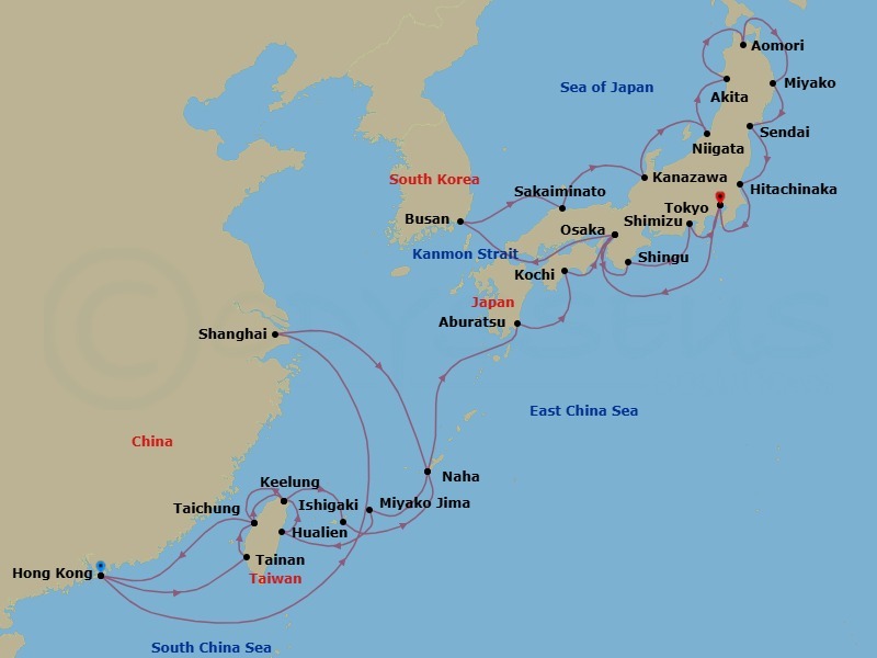 40 Night - Shanghai Nights, Taiwan Lanterns & Japan In-Depth - Seabourn Encore - Starting in Hong Kong, China, Shanghai, China, Naha, Japan, Miyakojima, Japan, Hualien, Taiwan, Keelung (Taipei), Taiwan, Taichung, Taiwan, Hong Kong, China, Tainan (Anping), Taiwan, Taichung, Taiwan, Keelung (Taipei), Taiwan, Ishigaki Island, Japan, Naha, Japan, Aburatsu, Japan, Kochi, Japan, Osaka, Japan, Shingu, Japan, Shimizu, Japan, Tokyo, Japan, Osaka, Japan, Scenic Cruising Kanmon Straits, Busan (Pusan), South Korea, Sakaiminato, Japan, Kanazawa, Japan, Niigata, Japan, Akita, Japan, Aomori, Japan, Miyako, Japan, Sendai, Japan, Hitachinaka, Japan, Tokyo, Japan itinerary map