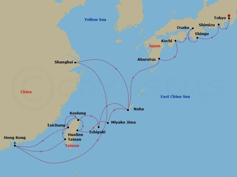 26 Night - Shanghai Nights, Taiwan Lanterns & Japan's Gems - Seabourn Encore - Starting in Hong Kong, China, Shanghai, China, Naha, Japan, Miyakojima, Japan, Hualien, Taiwan, Keelung (Taipei), Taiwan, Taichung, Taiwan, Hong Kong, China, Tainan (Anping), Taiwan, Taichung, Taiwan, Keelung (Taipei), Taiwan, Ishigaki Island, Japan, Naha, Japan, Aburatsu, Japan, Kochi, Japan, Osaka, Japan, Shingu, Japan, Shimizu, Japan, Tokyo, Japan itinerary map