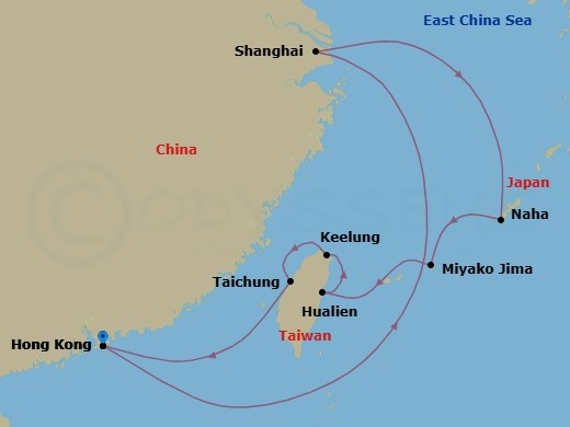 12 Night - Shanghai Nights, Taiwan Lanterns & Okinawa - Seabourn Encore - Starting in Hong Kong, China, Shanghai, China, Naha, Japan, Miyakojima, Japan, Hualien, Taiwan, Keelung (Taipei), Taiwan, Taichung, Taiwan, Hong Kong, China itinerary map