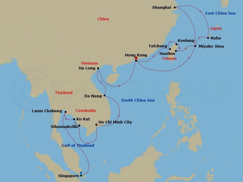 26 Night - Southeast Asia, Shanghai, Taiwan Lanterns & Japan - Seabourn Encore - Starting in Singapore, Laem Chabang (Bangkok), Thailand, Ko Kood, Thailand, Sihanoukville, Cambodia, Ho Chi Minh City (Saigon), Vietnam, Da Nang (Hue), Vietnam, Halong Bay, Vietnam, Hong Kong, China, Shanghai, China, Naha, Japan, Miyakojima, Japan, Hualien, Taiwan, Keelung (Taipei), Taiwan, Taichung, Taiwan, Hong Kong, China itinerary map