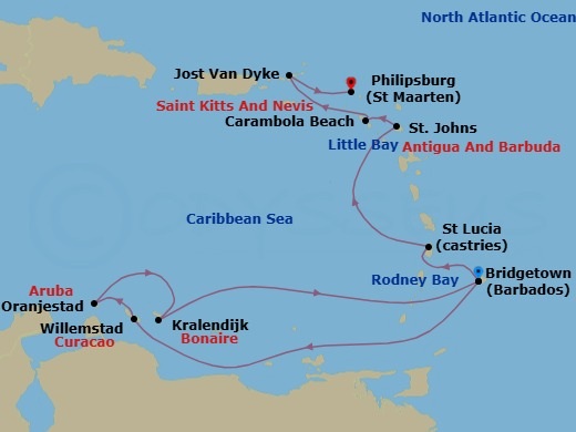 14 Night - Yacht Harbors & Southern Island Discovery - Seabourn Ovation - Starting in Bridgetown, Barbados, Rodney Bay, Saint Lucia, Willemstad AN, Curacao, Oranjestad, Aruba, Kralendijk, Bonaire, Bridgetown, Barbados, Castries, Saint Lucia, Little Bay, Montserrat, St Johns AG, Antigua, Carambola Beach, Saint Kitts and Nevis, Great Harbour, Jost van Dyke, British Virgin Islands, Philipsburg, Sint Maarten itinerary map