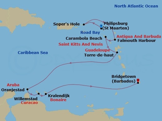 11 Night - Yachtsman's Holiday in Aruba, Bonaire & Curacao - Seabourn Ovation - Starting in Philipsburg, Sint Maarten, Sopers Hole (Frenchmans Cay), Road Bay, Anguilla, Falmouth (English Harbour), Antigua and Barbuda, Carambola Beach, Saint Kitts and Nevis, Terre-de-Haut, Iles des Saintes, Guadeloupe, Oranjestad, Aruba, Willemstad AN, Curacao, Kralendijk, Bonaire, Bridgetown, Barbados itinerary map