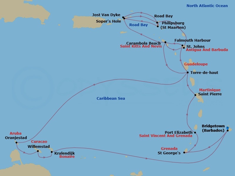 21 Night - Bonaire, Curacao & Southern Caribbean Holiday - Seabourn Ovation - Starting in Bridgetown, Barbados, Saint Georges, Grenada, Port Elizabeth VC, Bequia, St Vincent and the Grenadines, Saint Pierre, Martinique, Terre-de-Haut, Iles des Saintes, Guadeloupe, St Johns AG, Antigua, Carambola Beach, Saint Kitts and Nevis, Great Harbour, Jost van Dyke, British Virgin Islands, Road Bay, Anguilla, Philipsburg, Sint Maarten, Sopers Hole (Frenchmans Cay), Road Bay, Anguilla, Falmouth (English Harbour), Antigua and Barbuda, Carambola Beach, Saint Kitts and Nevis, Terre-de-Haut, Iles des Saintes, Guadeloupe, Oranjestad, Aruba, Willemstad AN, Curacao, Kralendijk, Bonaire, Bridgetown, Barbados itinerary map