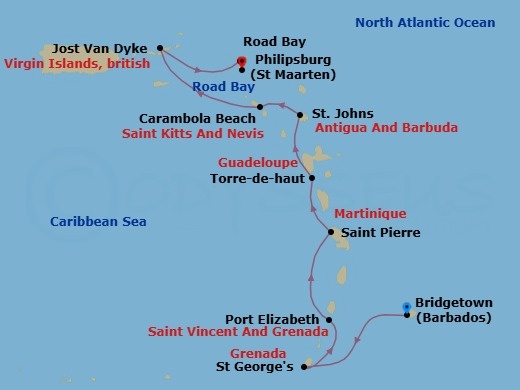10 Night - Caribbean Yacht Harbor Holiday - Seabourn Ovation - Starting in Bridgetown, Barbados, Saint Georges, Grenada, Port Elizabeth VC, Bequia, St Vincent and the Grenadines, Saint Pierre, Martinique, Terre-de-Haut, Iles des Saintes, Guadeloupe, St Johns AG, Antigua, Carambola Beach, Saint Kitts and Nevis, Great Harbour, Jost van Dyke, British Virgin Islands, Road Bay, Anguilla, Philipsburg, Sint Maarten itinerary map