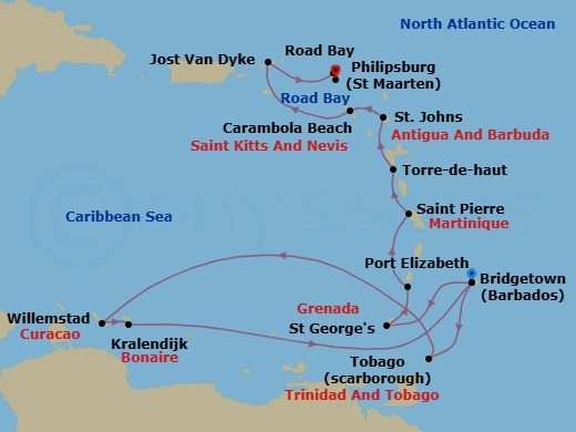 17 Night - Hidden Yacht Harbor Holiday - Seabourn Ovation - Starting in Bridgetown, Barbados, Rodney Bay, Saint Lucia, Scarborough, Trinidad and Tobago, Willemstad AN, Curacao, Kralendijk, Bonaire, Bridgetown, Barbados, Saint Georges, Grenada, Port Elizabeth VC, Bequia, St Vincent and the Grenadines, Saint Pierre, Martinique, Terre-de-Haut, Iles des Saintes, Guadeloupe, St Johns AG, Antigua, Carambola Beach, Saint Kitts and Nevis, Great Harbour, Jost van Dyke, British Virgin Islands, Road Bay, Anguilla, Philipsburg, Sint Maarten itinerary map