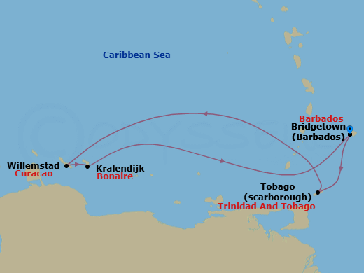 7 Night - Yacht Harbors of Bonaire & Curacao - Seabourn Ovation - Starting in Bridgetown, Barbados, Rodney Bay, Saint Lucia, Scarborough, Trinidad and Tobago, Willemstad AN, Curacao, Kralendijk, Bonaire, Bridgetown, Barbados itinerary map