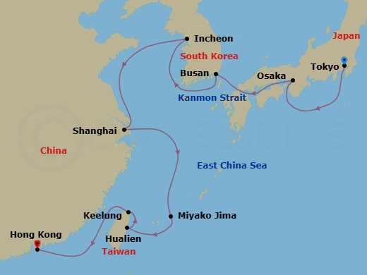 16 Night - Shanghai Nights & Seoul Sunsets - Seabourn Encore - Starting in Tokyo, Japan, Osaka, Japan, Scenic Cruising Kanmon Straits, Busan (Pusan), South Korea, Incheon (Seoul), South Korea, Shanghai, China, Miyakojima, Japan, Hualien, Taiwan, Keelung (Taipei), Taiwan, Hong Kong, China itinerary map
