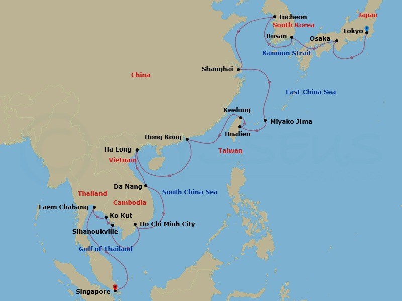 30 Night - Shanghai Nights, Seoul Sunsets & Southeast Asia - Seabourn Encore - Starting in Tokyo, Japan, Osaka, Japan, Scenic Cruising Kanmon Straits, Busan (Pusan), South Korea, Incheon (Seoul), South Korea, Shanghai, China, Miyakojima, Japan, Hualien, Taiwan, Keelung (Taipei), Taiwan, Hong Kong, China, Halong Bay, Vietnam, Da Nang (Hue), Vietnam, Ho Chi Minh City (Saigon), Vietnam, Sihanoukville, Cambodia, Ko Kood, Thailand, Laem Chabang (Bangkok), Thailand, Singapore itinerary map