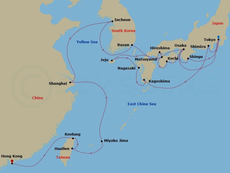 30 Night - Japan Fall Foliage, Shanghai Nights & Seoul Sunsets - Seabourn Encore - Starting in Tokyo, Japan, Shimizu, Japan, Kagoshima, Japan, Nagasaki, Japan, Jeju (Cheju) City, South Korea, Scenic Cruising Kanmon Straits, Hiroshima, Japan, Matsuyama, Japan, Kochi, Japan, Osaka, Japan, Shingu, Japan, Tokyo, Japan, Osaka, Japan, Scenic Cruising Kanmon Straits, Busan (Pusan), South Korea, Incheon (Seoul), South Korea, Shanghai, China, Miyakojima, Japan, Hualien, Taiwan, Keelung (Taipei), Taiwan, Hong Kong, China itinerary map