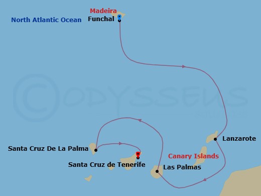 5 Night - Canary Islands and Madeira - MSC Fantasia - Starting in Funchal (Madeira Islands), Portugal, Arrecife De Lanzarote (Canary Islands), Spain, Las Palmas de Gran Canaria (Canary Islands), Spain, Santa Cruz de La Palma, Santa Cruz de Tenerife itinerary map
