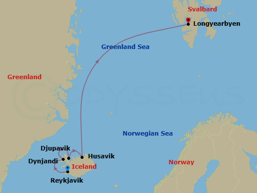 11 Night - Reykjavik to Longyearbyen - Silver Endeavour - Starting in Reykjavik, Dynjandi Waterfalls, Djupavik, Husavik, Svalbard Northern Region, Longyearbyen itinerary map