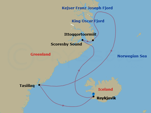 10 Night - Reykjavik to Reykjavik - Silver Endeavour - Starting in Reykjavik, Scoresby Sund, Ittoqqortoormiit, Kejser Franz Joseph Fjord, King Oscar Fjord, Tasiilaq, Reykjavik itinerary map