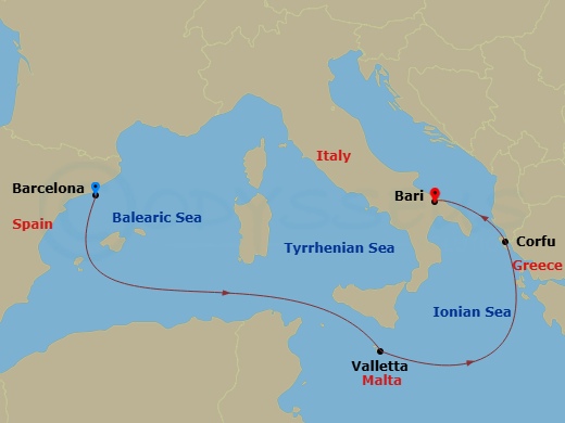 5 Night - Mediterranean - MSC Fantasia - Starting in Barcelona, Spain, La Valletta, Malta, Corfu, Greece, Bari, Italy itinerary map