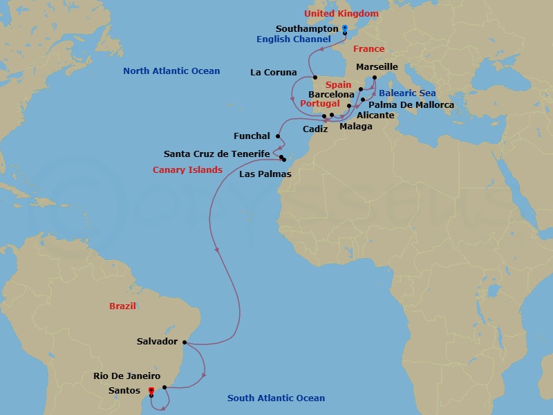 25 Night - Msc Grand Voyages - MSC Virtuosa - Starting in Southampton (London), United Kingdom, La Coruna (Santiago De Compostela), Spain, Cadiz (Seville), Spain, Malaga (Granada), Spain, Alicante, Spain, Palma De Mallorca (Baleari Is), Spain, Marseille (Provence), France, Barcelona, Spain, Funchal (Madeira Islands), Portugal, Santa Cruz de Tenerife, Las Palmas de Gran Canaria (Canary Islands), Spain, Salvador, Brazil, Rio De Janeiro, Brazil, Santos (Sao Paulo), Brazil itinerary map