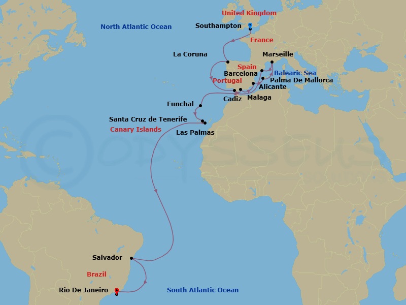 24 Night - Msc Grand Voyages - MSC Virtuosa - Starting in Southampton (London), United Kingdom, La Coruna (Santiago De Compostela), Spain, Cadiz (Seville), Spain, Malaga (Granada), Spain, Alicante, Spain, Palma De Mallorca (Baleari Is), Spain, Marseille (Provence), France, Barcelona, Spain, Funchal (Madeira Islands), Portugal, Santa Cruz de Tenerife, Las Palmas de Gran Canaria (Canary Islands), Spain, Salvador, Brazil, Rio De Janeiro, Brazil itinerary map