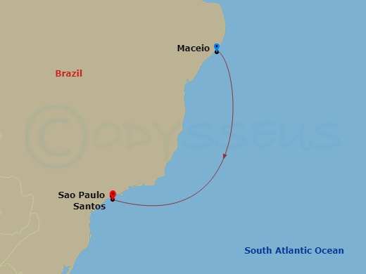 3 Night - South America - MSC Virtuosa - Starting in Maceio, Brazil, Santos (Sao Paulo), Brazil itinerary map