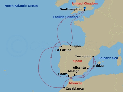 14 Night - Northern Europe - MSC Meraviglia - Starting in Southampton (London), United Kingdom, Gijon, Spain, Cadiz (Seville), Spain, Malaga (Granada), Spain, Alicante, Spain, Ibiza (Balearic Islands), Spain, Tarragona, Spain, Casablanca (Marrakesh), Morocco, La Coruna (Santiago De Compostela), Spain, Southampton (London), United Kingdom itinerary map
