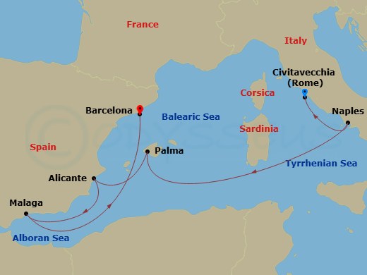 8 Night - Western Mediterranean - Legend of the Seas - Starting in Rome (Civitavecchia), Italy, Naples, Italy, Palma De Mallorca, Spain, Alicante, Spain, Malaga, Spain, Barcelona, Spain itinerary map