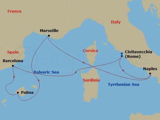 7 Night - Western Mediterranean - Legend of the Seas - Starting in Rome (Civitavecchia), Italy, Naples, Italy, Provence (Marseille), France, Palma De Mallorca, Spain, Barcelona, Spain, Rome (Civitavecchia), Italy itinerary map