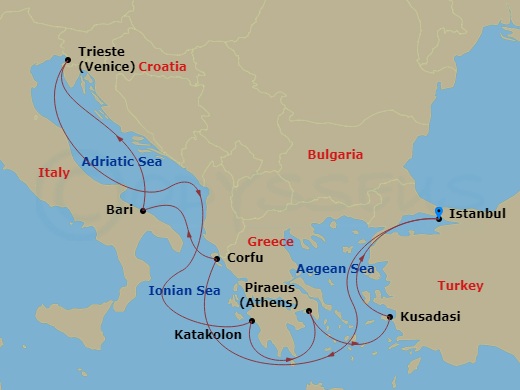 9 Night - Mediterranean - MSC Splendida - Starting in Istanbul, Turkey, Corfu, Greece, Bari, Italy, Trieste (Venice), Italy, Katakolon (Olympia), Greece, Piraeus (Athens), Greece, Kusadasi, Turkey, Istanbul, Turkey itinerary map