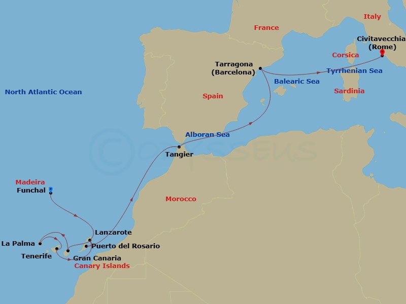 13 Night - Canary Islands and Madeira - MSC Fantasia - Starting in Funchal (Madeira Islands), Portugal, Arrecife De Lanzarote (Canary Islands), Spain, Las Palmas de Gran Canaria (Canary Islands), Spain, Santa Cruz de La Palma, Santa Cruz de Tenerife, Arrecife De Lanzarote (Canary Islands), Spain, Puerto Del Rosario / Fuerteventura, Spain, Tangier (Tetouan), Morocco, Tarragona, Spain, Civitavecchia (Rome), Italy itinerary map