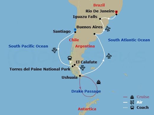 28 Night - Ultimate Journey : Patagonia, Argentina, Brazil & Antarctica - Cruise & Land Journey - Scenic Eclipse - Starting in Santiago, Chile, Santiago / Torres del Paine National Park, Torres del Paine National Park, Torres del Paine National Park / El Calafate, Argentina, El Calafate, El Calafate / Ushuaia, Argentina, Antarctica, At Sea / Ushuaia, Ushuaia, Argentina / Buenos Aires, Buenos Aires, Buenos Aires / Iguazu, Iguazu Falls, Iguazu Falls / Rio de Janeiro, Rio De Janeiro itinerary map