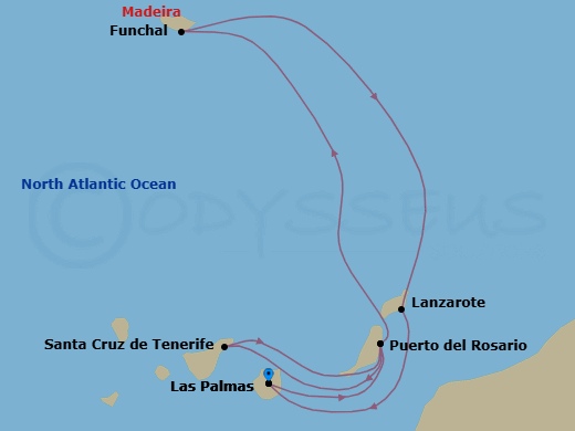 7 Night - Canary Islands and Madeira - MSC Fantasia - Starting in Las Palmas de Gran Canaria (Canary Islands), Spain, Puerto Del Rosario / Fuerteventura, Spain, Santa Cruz de Tenerife, Puerto Del Rosario / Fuerteventura, Spain, Funchal (Madeira Islands), Portugal, Arrecife De Lanzarote (Canary Islands), Spain, Las Palmas de Gran Canaria (Canary Islands), Spain itinerary map