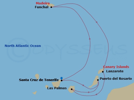 7 Night - Canary Islands and Madeira - MSC Fantasia - Starting in Santa Cruz de Tenerife, Funchal (Madeira Islands), Portugal, Arrecife De Lanzarote (Canary Islands), Spain, Las Palmas de Gran Canaria (Canary Islands), Spain, Puerto Del Rosario / Fuerteventura, Spain, Santa Cruz de Tenerife itinerary map
