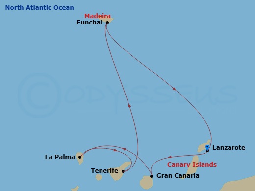 7 Night - Canary Islands and Madeira - MSC Fantasia - Starting in Arrecife De Lanzarote (Canary Islands), Spain, Las Palmas de Gran Canaria (Canary Islands), Spain, Santa Cruz de La Palma, Santa Cruz de Tenerife, Funchal (Madeira Islands), Portugal, Arrecife De Lanzarote (Canary Islands), Spain itinerary map