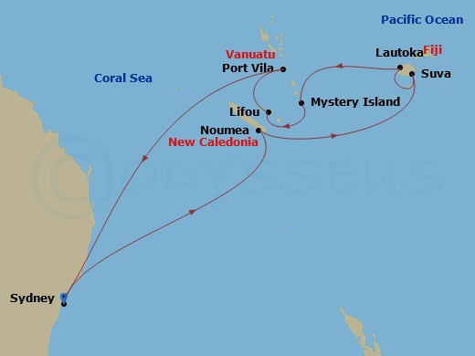 14 Night - Fiji & Vanuatu Cruise - Celebrity Edge - Starting in Sydney AU, Noumea, New Caledonia, Suva, Fiji, Lautoka, Fiji, Mystery Island, Vanuatu, Lifou, Loyalty Island, Vila, Vanuatu, Sydney AU itinerary map