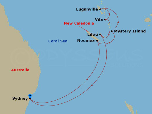 12 Night - South Pacific Cruise - Celebrity Edge - Starting in Sydney AU, Noumea, New Caledonia, Mystery Island, Vanuatu, Luganville, Vanuatu, Vila, Vanuatu, Lifou, Loyalty Island, Sydney AU itinerary map