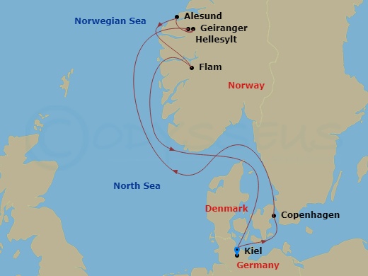 7 Night - Northern Europe - MSC Euribia - Starting in Kiel, Germany, Copenhagen, Denmark, Hellesylt, Norway, Geiranger, Norway, Alesund, Norway, Flam, Norway, Kiel, Germany itinerary map
