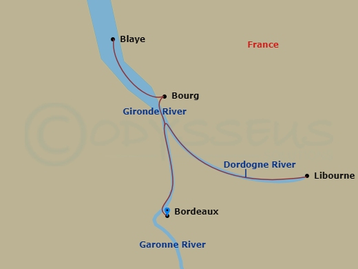 7 Night - Taste of Bordeaux (Smithsonian Journeys) - AmaDolce - Starting in Bordeaux, Libourne, Blaye, Bourg, Cadillac, Bordeaux itinerary map