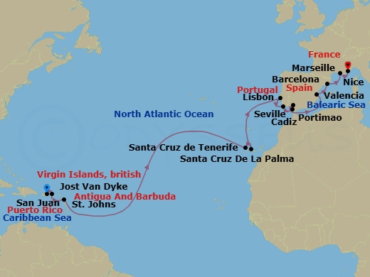 23 Night - Cruise from San Juan to Nice - Silver Shadow - Starting in San Juan, Jost Van Dyke, St Johns AG, Santa Cruz de La Palma, Santa Cruz de Tenerife, Lisbon, Portimao, Cadiz, Sevilla, Valencia, Barcelona, Marseille, Nice itinerary map