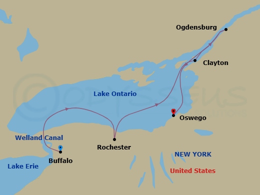 8 Night - Great Lakes & Thousand Islands Cruise - American Patriot - Starting in Buffalo, NY, Day of Cruising, Day of Cruising the Welland Canal, Rochester, NY, Clayton, NY, Day of Cruising, Ogdensburg, NY, Oswego, NY itinerary map